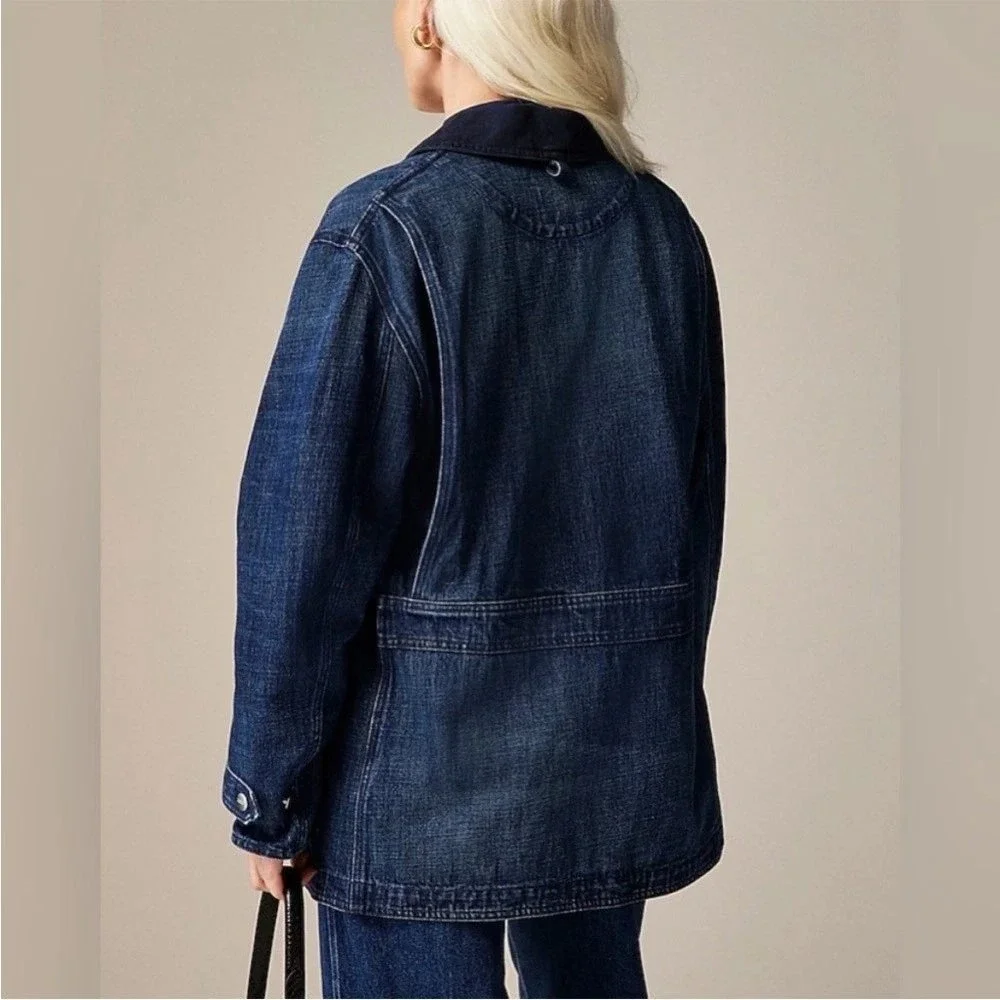 J.Crew Denim Barn Jacket XS Blue Corduroy Collar Chore Coat Oversized NEW NWT